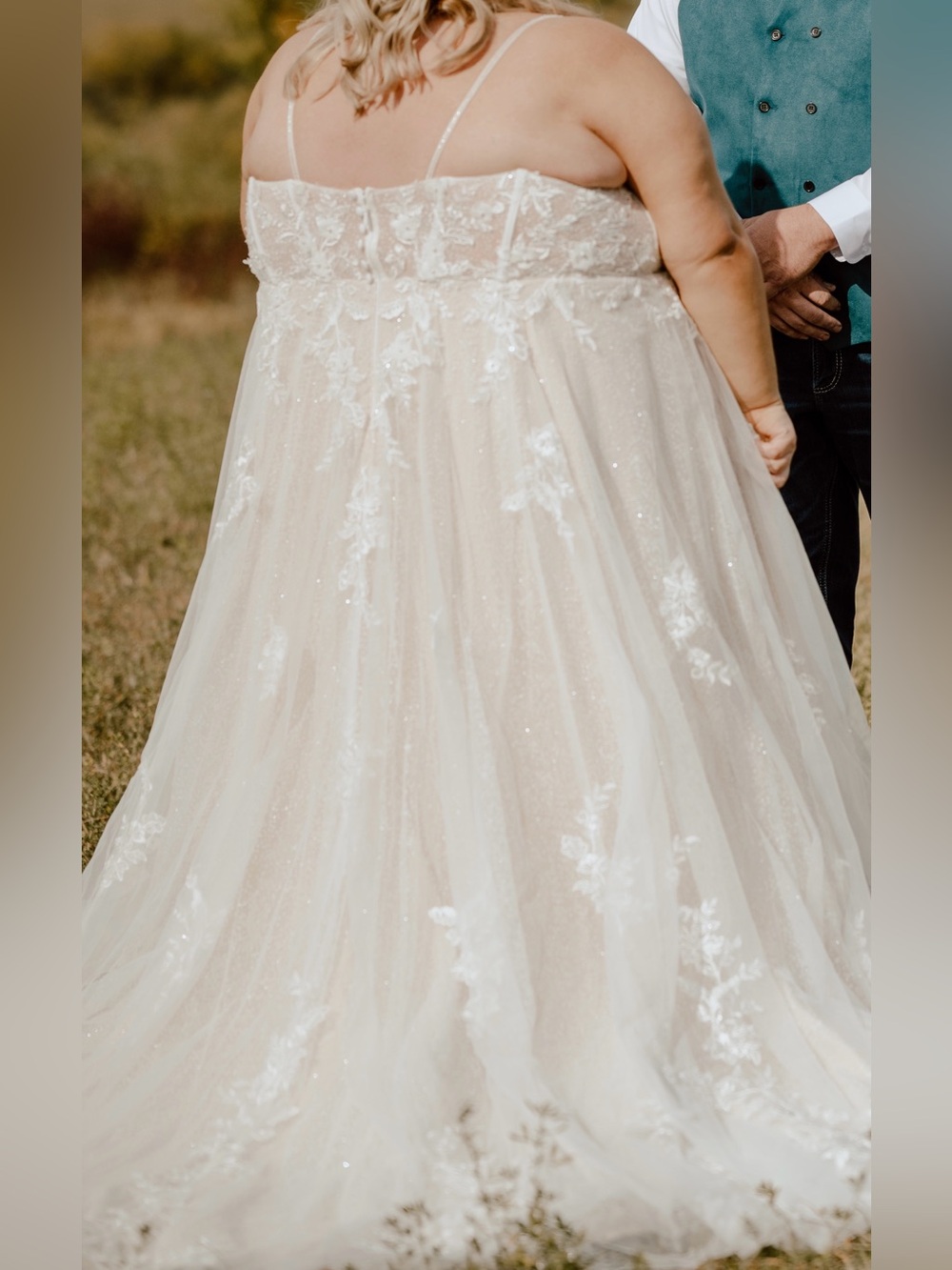 Azazie Ivory Lace Appliqué Spaghetti Strap Wedding Dress